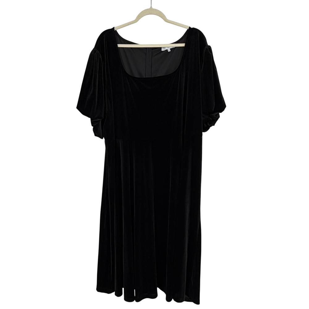 Ivy City Co Dress 5X Black Velvet Square Neck Puff Sleeve Midi Plus Size
